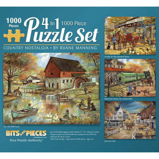 Bits and Pieces – 4-in-1 Multi-Pack 1000 Piece Jigsaw Puzzles for Adults – Country Pond Harvest Café Home General Store Jigsaw Puzzles by Artist Ruane Manning, Completed Puzzle Size: 20" x 27"