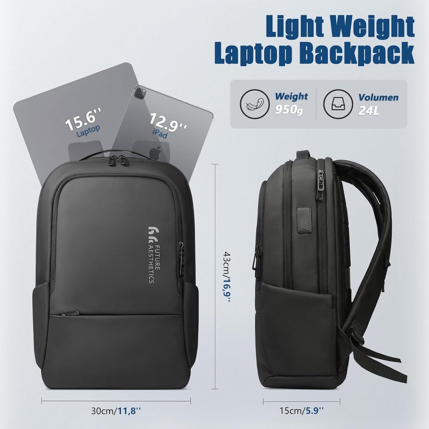 hk Business Laptop Backpack for Men, Water-Resistant Anti-Theft 15.6 Inch Mens Backpacks with USB Charging Port, Lightweight Casual Computer Bag for Travel Office Work College, Black