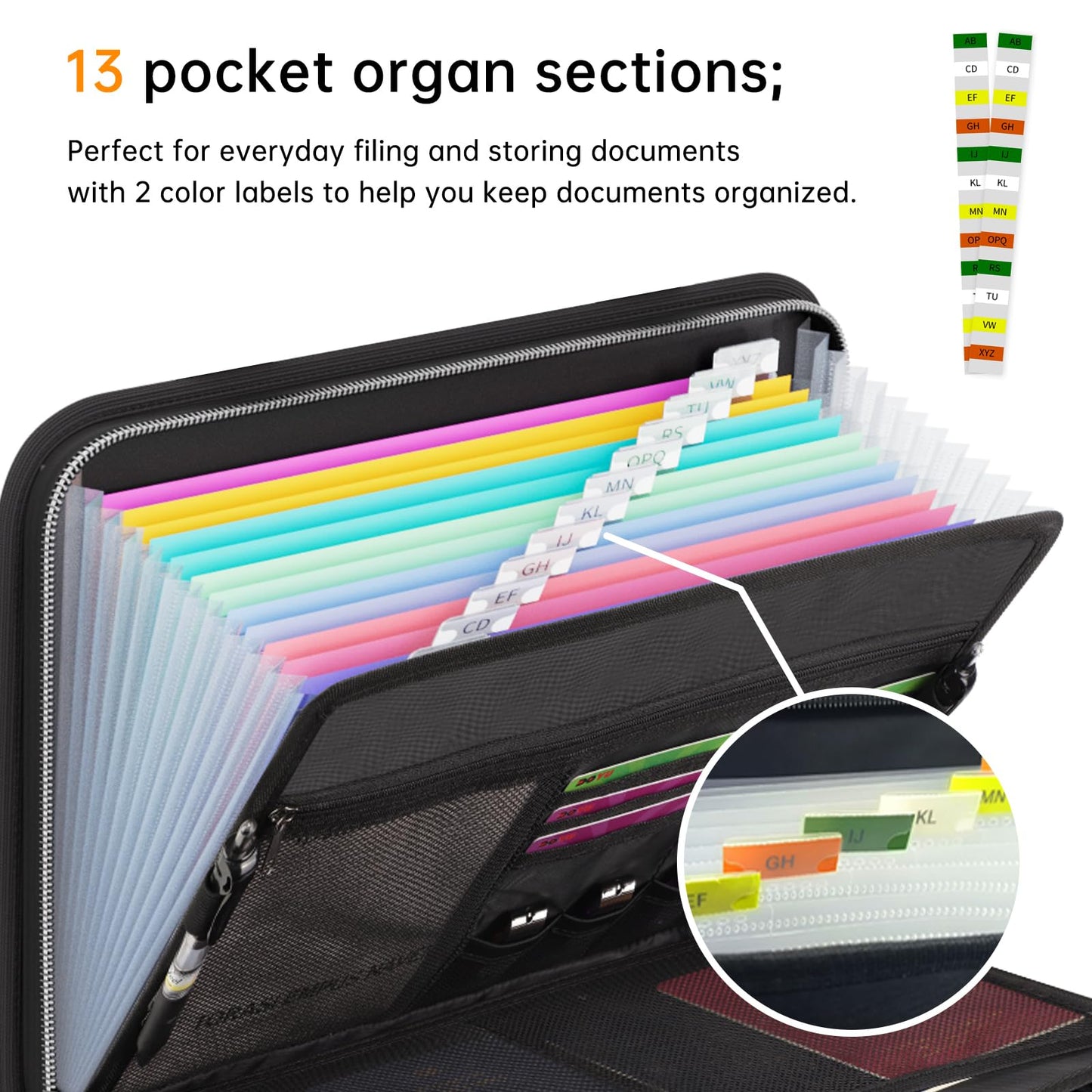 Tamfile Fireproof Accordion File Organizer with Handle, 13 Pocket Expanding File Folder with Zipper & Labels, File Folder with Multi-Pockets Paper Organizer Folder for Letter A4 Files