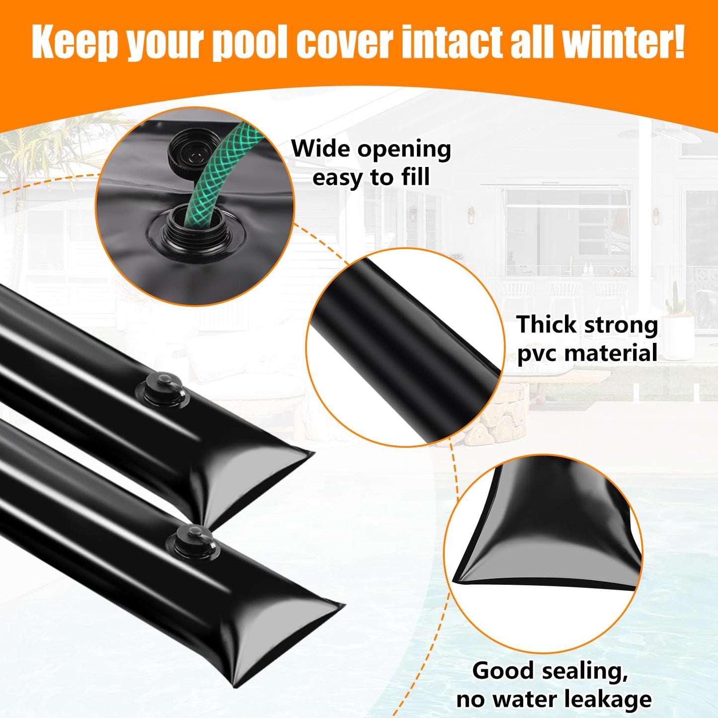 10 Pack 0.6mm Thicker Pool Cover Water Bags with Pool Cover Weights Corner, 8 Ft PVC Pool Water Tubes with Screw Caps for Winterizing for Inground Swimming Pool Winter Cover