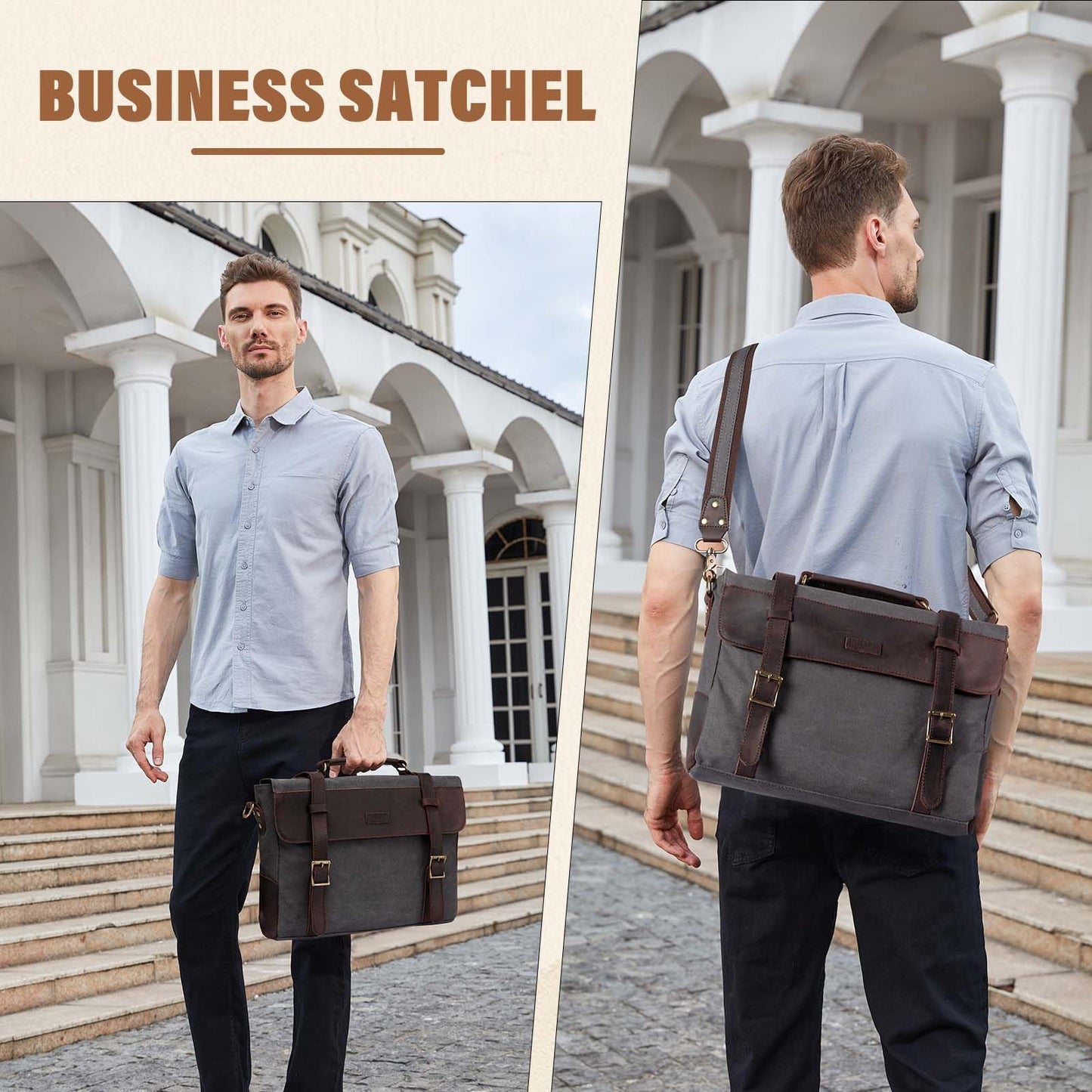Messenger Bag for Men,Vintage Canvas Leather Canvas Laptop Satchel Shoulder Bag Business Briefcase, Gray-fits 14inch Laptop, Fits 14in Laptop