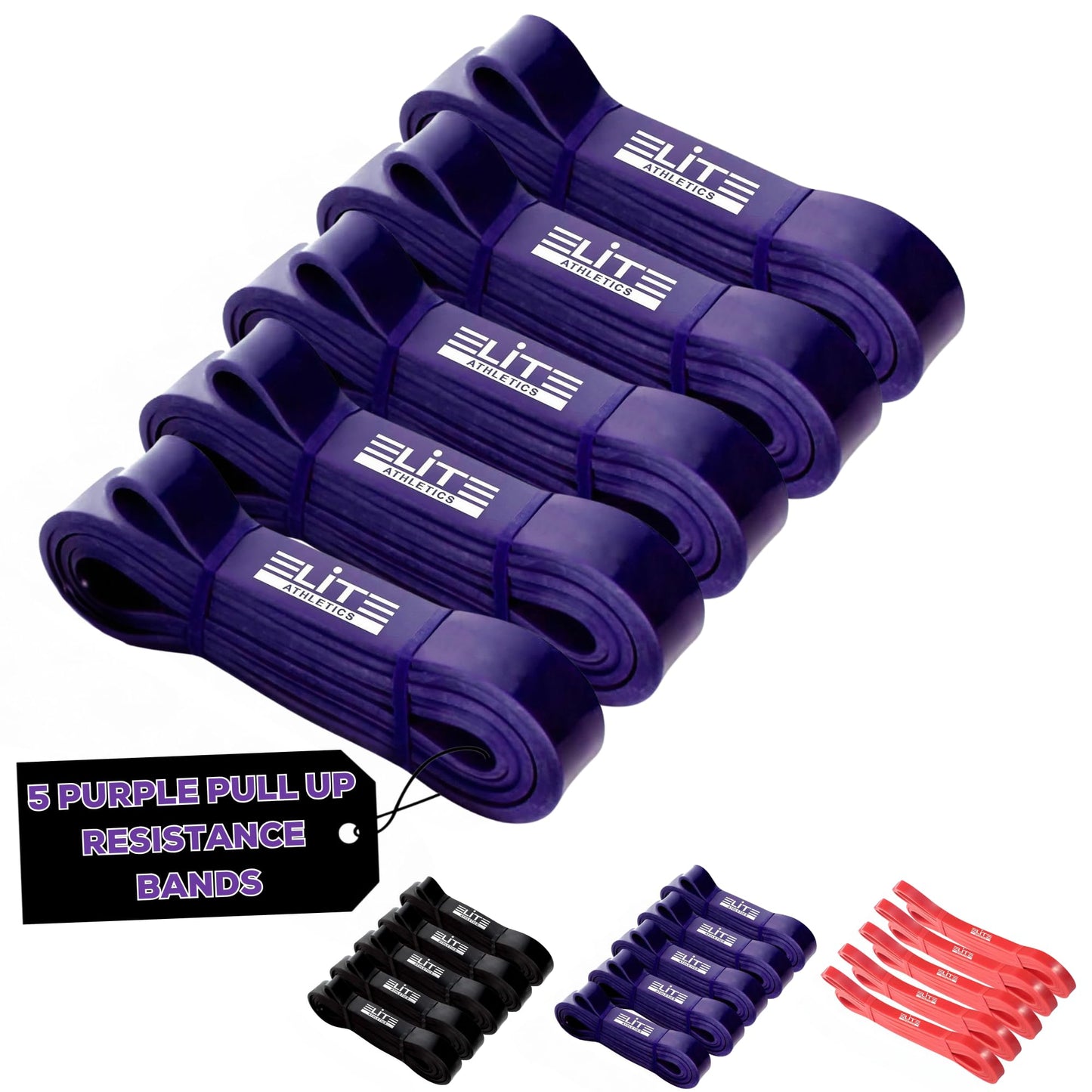 Elite Athletics Gym Quality Long Resistance Bands Pack of 5 - Pull Up Resistance Bands. Loved by Fitness Pros for Group Workouts in Gyms and Bootcamps. Warm Up, Strength Training, Mobility (Purple)