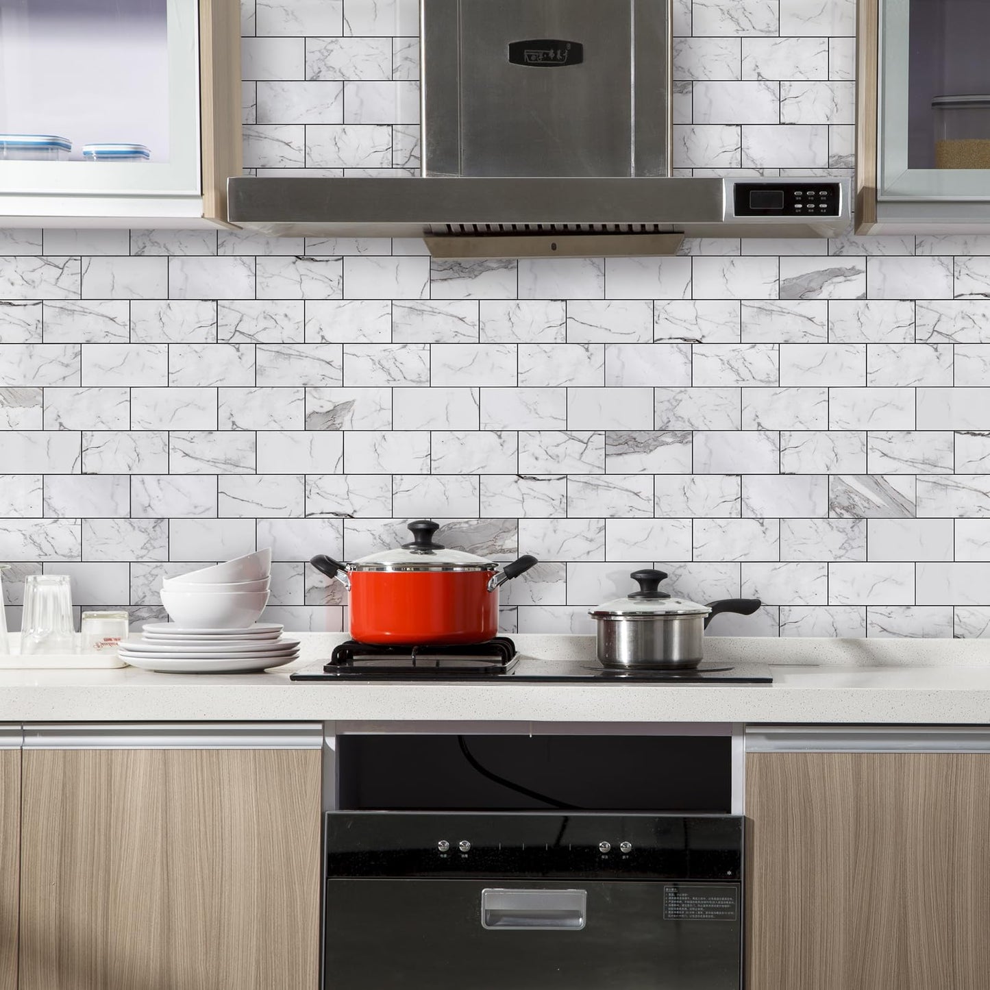 Vamos Tile 100-Piece Glossy Statury White Peel and Stick Backsplash Tile,3''x6'' PVC Subway Tile with Dark Gray Grout, Stick on Backsplash for Kitchen/Bathroom/Fireplace