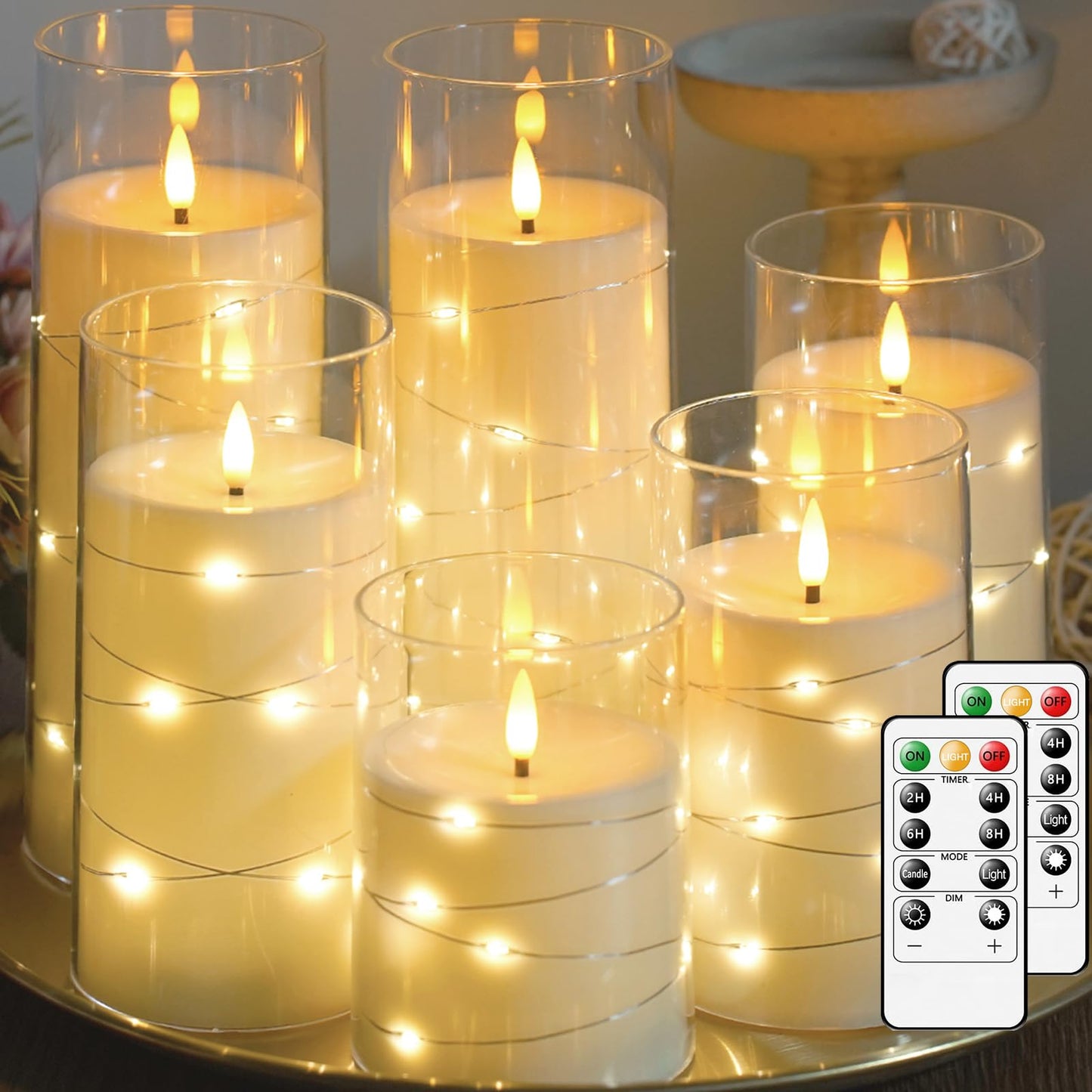 Lezonic 6 Pcs Ivory Flameless Candles with Remote, Acrylic Battery Operated Candles Flickering,LED Ambiance Lighting Timer, Wedding Decorations, 3 x 456688 inches