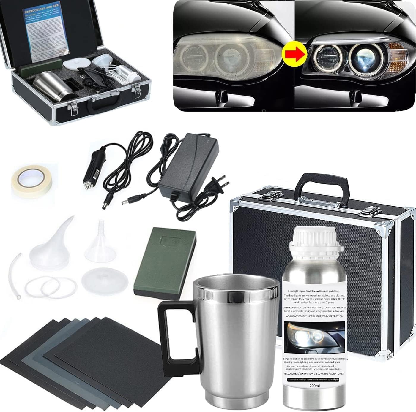 Car Headlight Restoration Kit with 200ml Liquid, Atomizing Cup Headlight Vapor Renovation Tool, Auto Headlight Lens Scratch Polish Repair Kit for Repair of Yellowed, Haze, Oxidized Headlights
