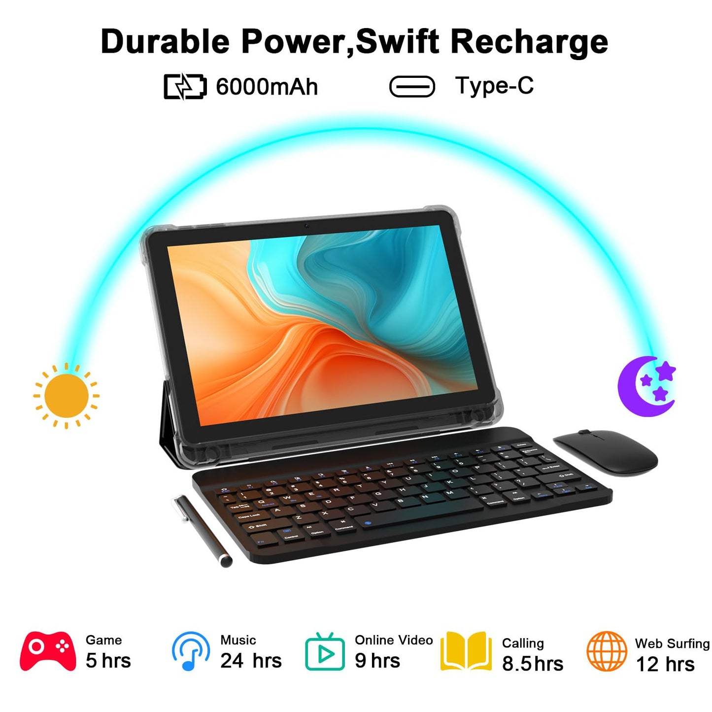 10 Inch Android 15 Tablet, Newest 18GB RAM+128GB ROM/2TB Expandable Tablets PC, 2 in 1 Tablets with Keyboard, Mouse, Case, Stylus, Quad-Core 2.0GHz CPU HD Screen, 5G WiFi 6 BT 5.0, 8MP Camera Tableta
