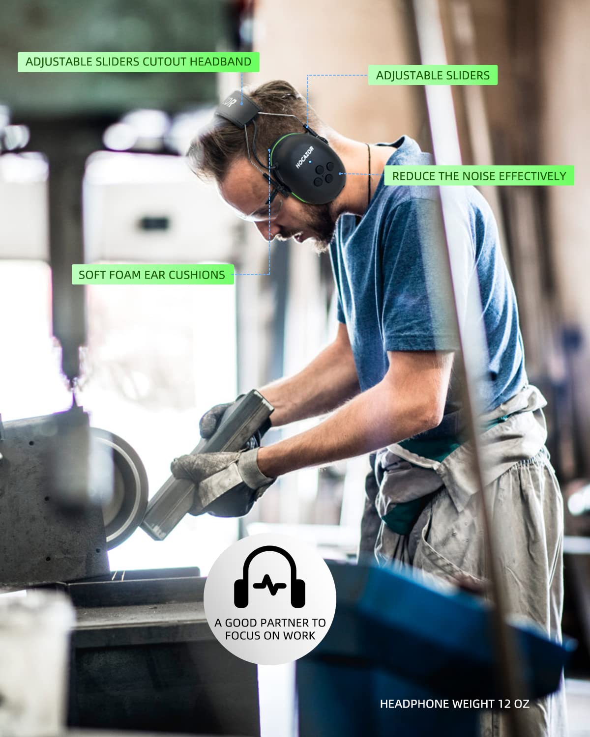 Hocazor HZ07 Bluetooth 5.3 Hearing Protection - Built-in 1500 mAh Rechargeable Battery Noise Cancelling Earmuffs NRR 25dB for Workshops, Green