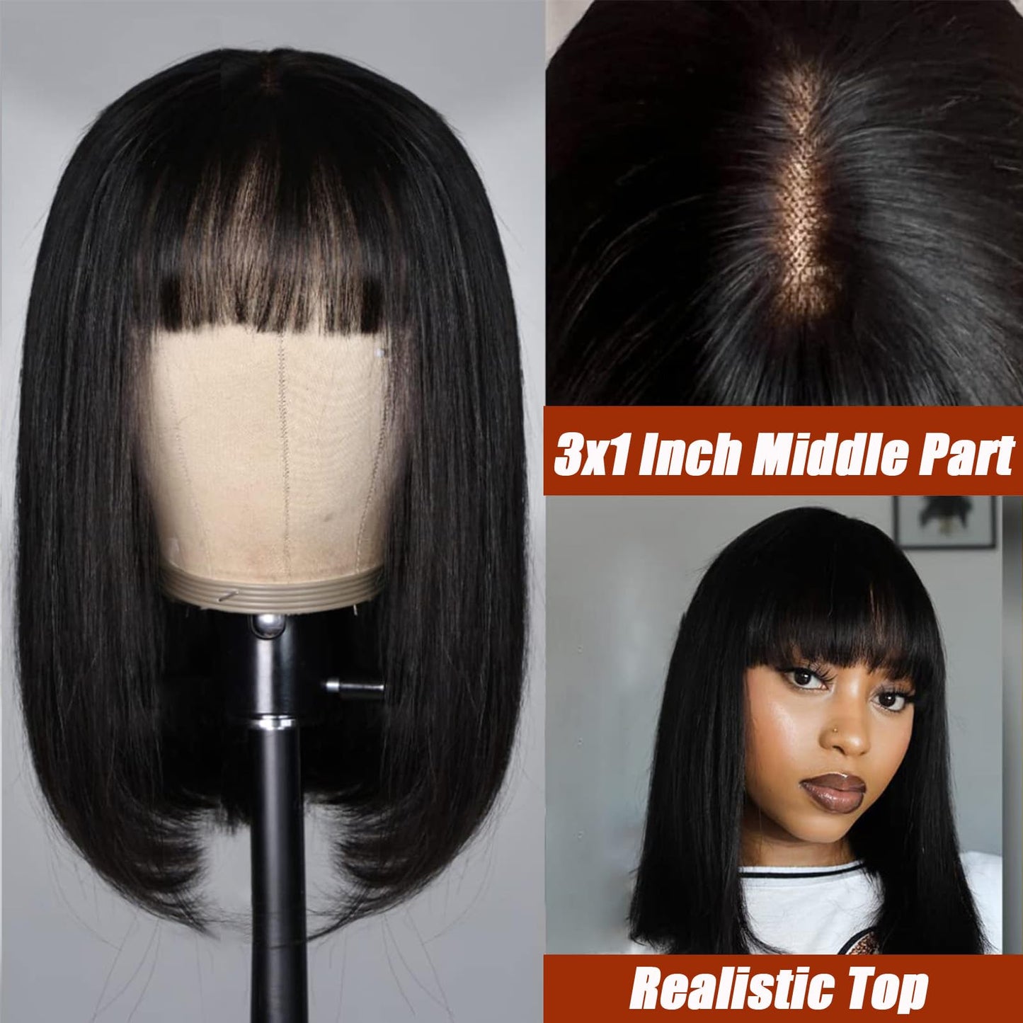 Bob Wig with Bangs Human Hair 180 Density 3x1 Lace Straight Bang Bob Wig Human Hair Glueless Realistic Look For Women Upgraded Machine Made Middle Part（8 Inch）
