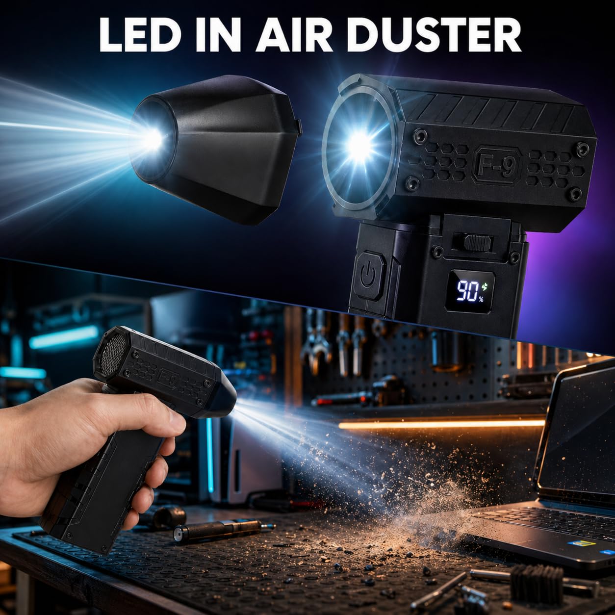 2Pack Compressed Air Duster, 110,000RPM Electric Air Duster with LED,100-Speed Adjustable Rechargeable with Type-C Fast Charging Air Blower Jet Dry Blower for Office,PC Computer, Keyboard,House,Car