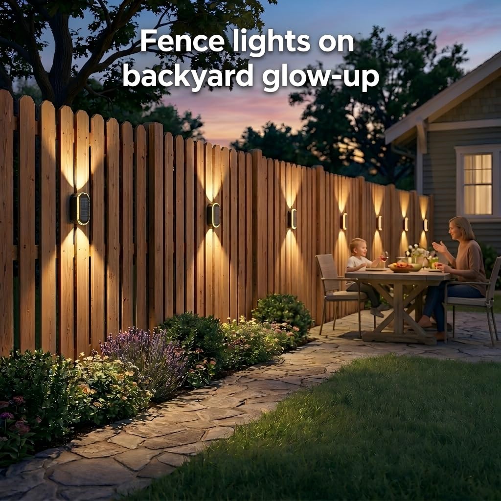 Ellasay 8-Pack Fence Lights Solar Powered: Up and Down Focus LED Solar Wall Lights Outdoor - IP65 Waterproof Solar Lights for Outside Patio/Backyard/Porch/Railing - 3 Color Modes