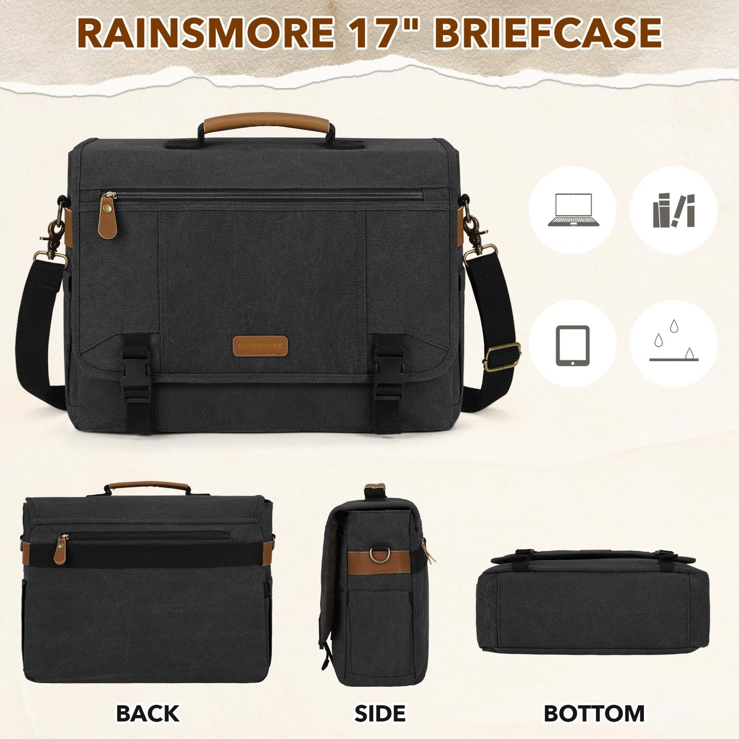 RAINSMORE Messenger Bag for Men 17-17.3 Inch Laptop Bag Canvas Briefcase Satchel Large Computer Shoulder Bag Men's Work Business Office Bag with Padded Compartment,Black
