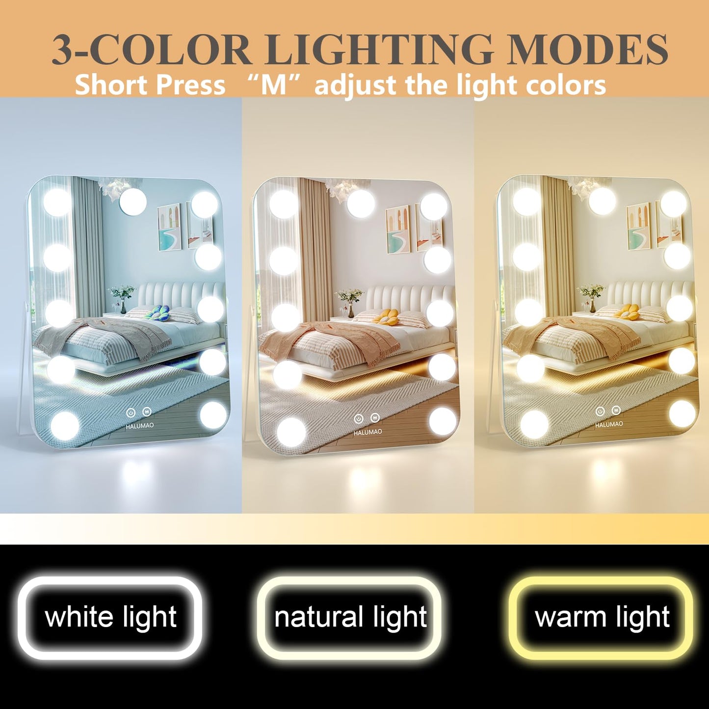 14.6" Vanity Makeup Mirror with Lights, Hollywood Mirror with 11 Dimmable LED Bulbs,3 Color Modes,Touch Control
