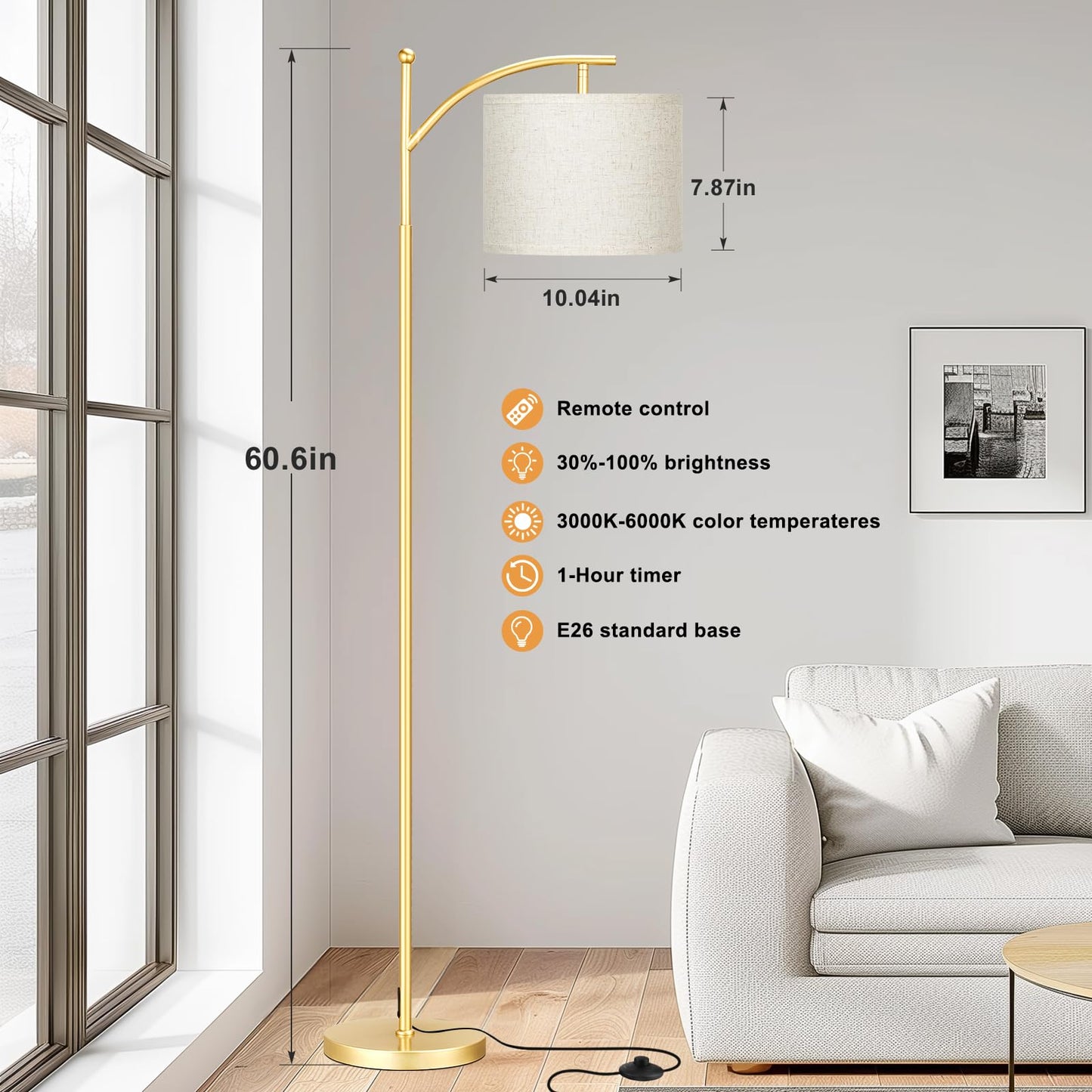 Ambimall Floor Lamp with Remote Control, Brightness and Colors Temperature Adjustable, Rotating Shade, Bulb Included, Modern Floor Lamps for Living Room, Bedroom, Office (Light Beige and Gold)