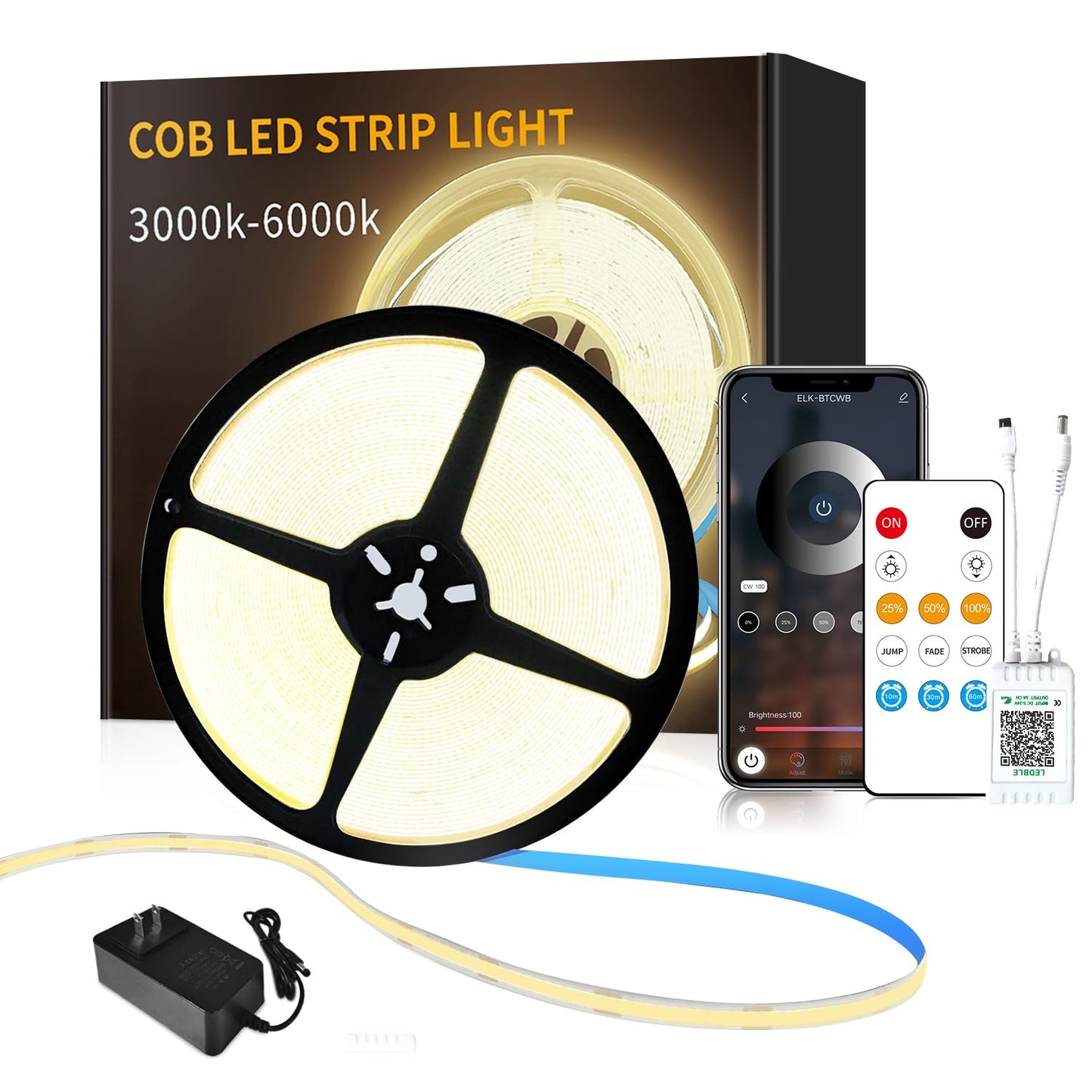 Yeewhale COB LED Strip Lights 32.8FT，3000K Warm White Dimmable DC 24V Flexible LED Tape Lights for Bedroom, with Remote and App Control LED Light Strip,for Cabinets, Shelves，Living Room Decoration