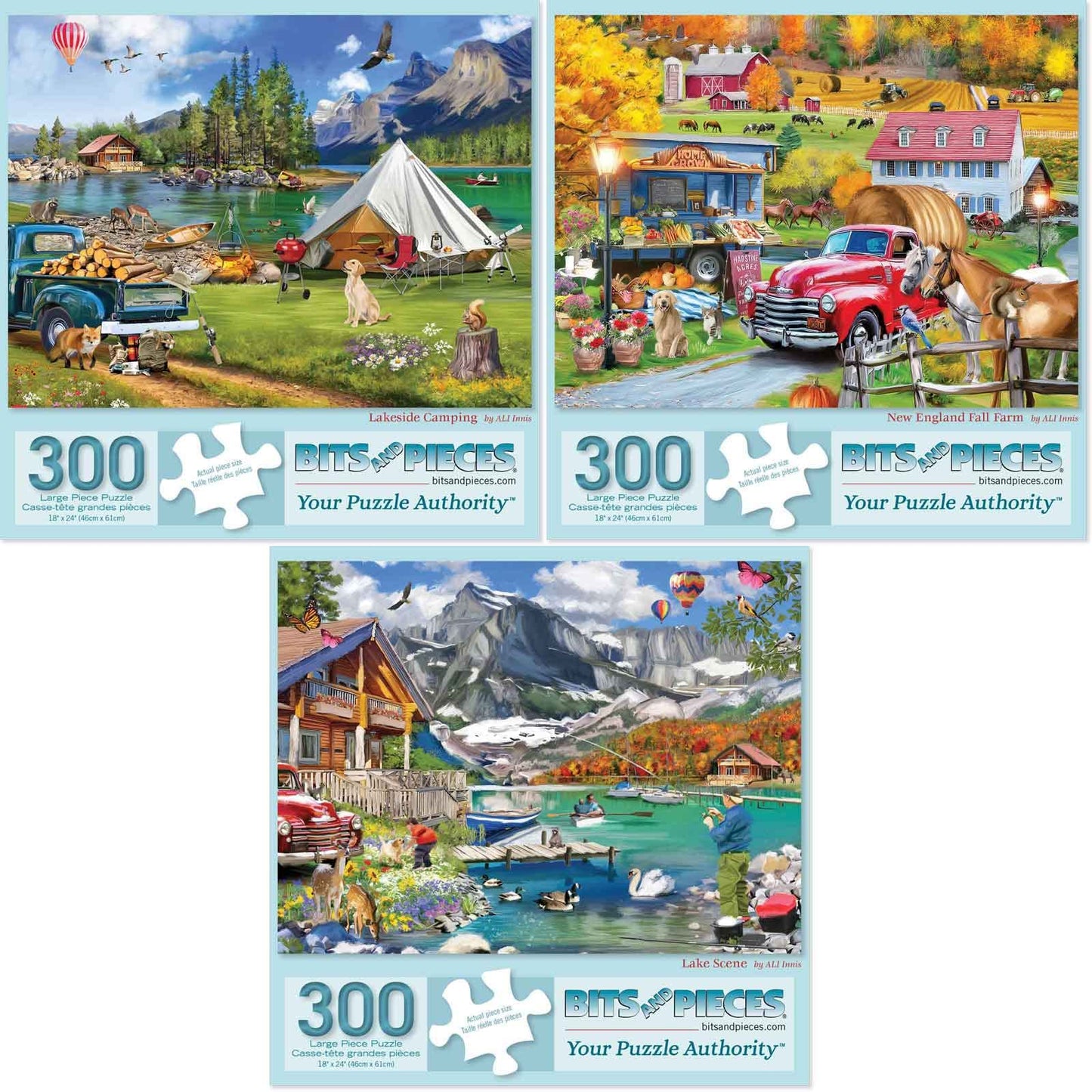 Bits and Pieces - Value Set of Three (3) 300 Piece Jigsaw Puzzles for Adults - 18" x 24" (46cm x 61cm) Each - Large Pc Lake & New England Farm Jigsaws by ALI Innis