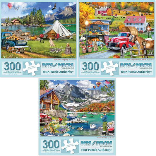 Bits and Pieces - Value Set of Three (3) 300 Piece Jigsaw Puzzles for Adults - 18" x 24" (46cm x 61cm) Each - Large Pc Lake & New England Farm Jigsaws by ALI Innis