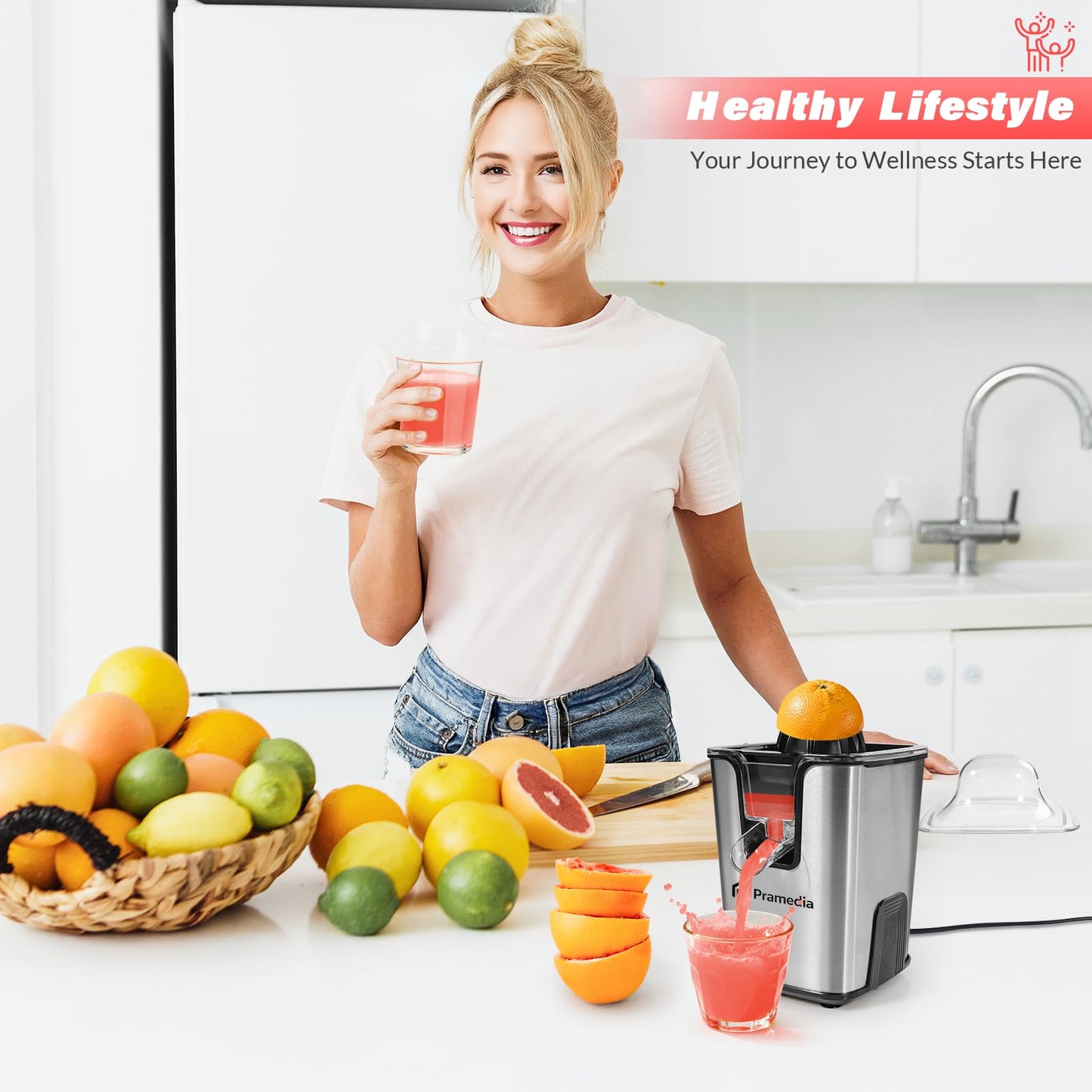 PRAMEDIA Electric Citrus Juicer Stainless Steel - 40W Orange Juicer with Adjustable Anti-Drip Spout & 2 Cones for Lemon,Limes, Grapefruit - Auto-Reversing Squeezer for Fresh Fruit Juice