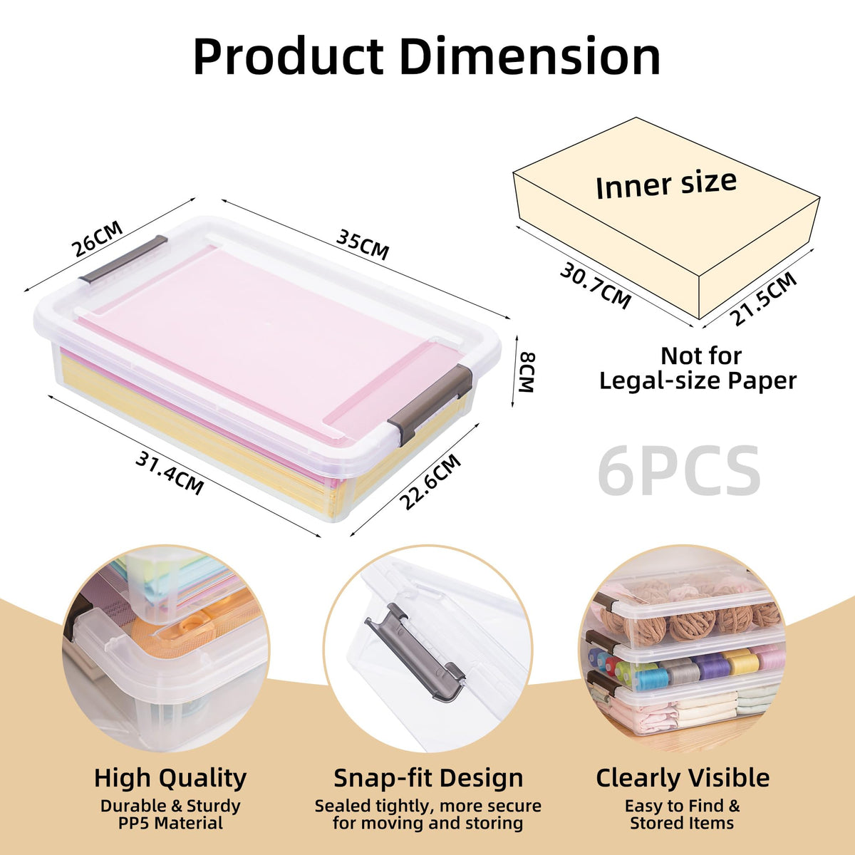 Citylife 6 PCS Plastic Storage Bins with Latching Lids Clear File Box Portable Storage Containers for Organizing A4 Paper