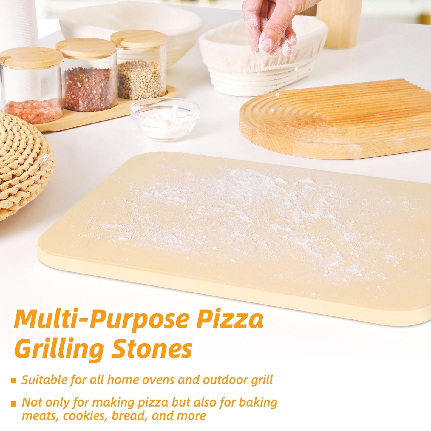 GOFOWRK Pizza Stone Set, 15 x 12'' Large Rectangle Pizza Stone Set for Oven and Grill with Metal Pizza Peels & Cutter Rocker, 0.6'' Thickened Stone Pizza Pan, Baking Stone for Pizza, Bread