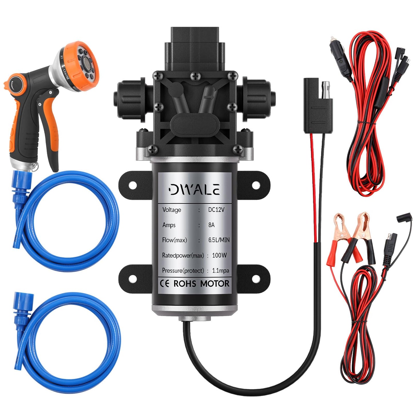 12 Volt Water Pump,100W 1.7GPM 160PSI Portable Pressure Powerful Washing Kit with Shower Head and PVC Hose for RV, Home, Car, Garden, Boat Gas Hot Water System