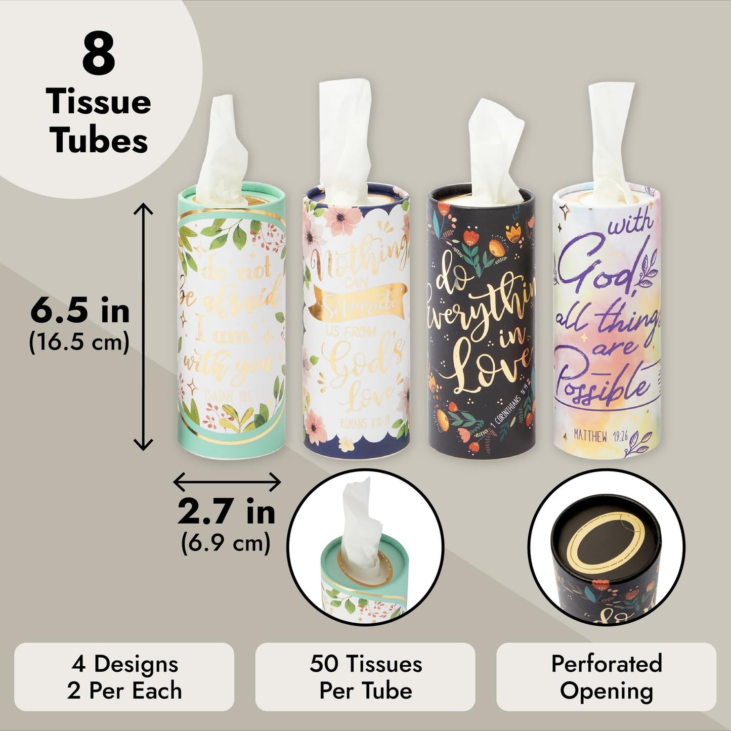 8-Pack Car Tissues Cylinder Boxes - Round Travel Wipes for Car Cup Holder (50 Tissues Per Container)