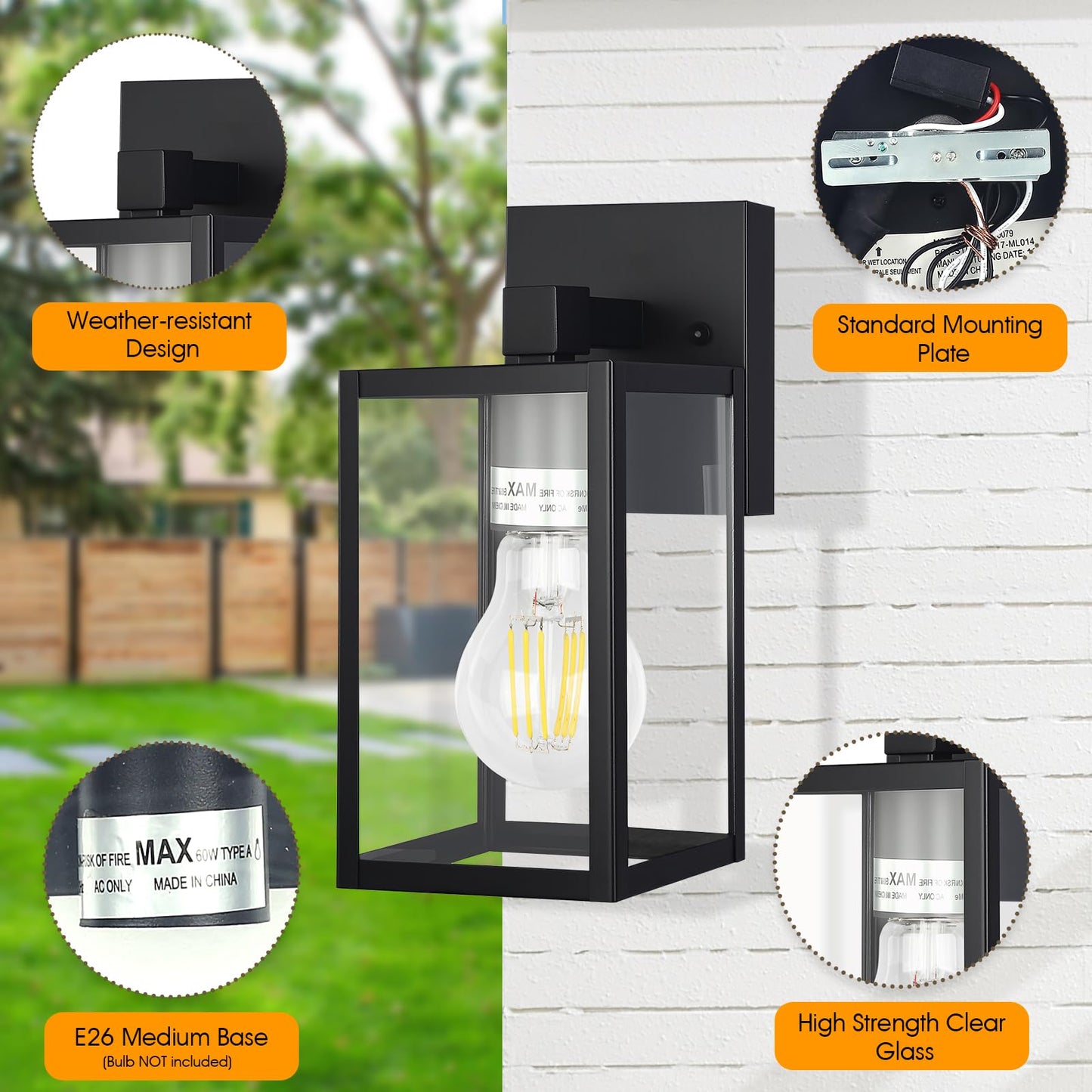 2-Pack Matte Black Outdoor Wall Light | All-Metal & Weatherproof Design with Clear Tempered Glass | Modern Exterior Sconce for Garage, Porch & Doorway