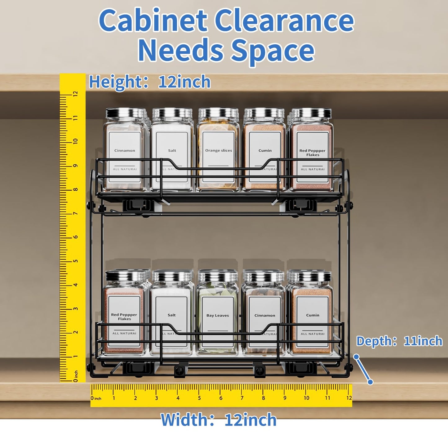 BOIVSHI 2-Tier Spice Rack Organizer, Pull Out Spice Rack for Cabinet, Height Adjustable Heavy Duty Metal Basket for Inside Cabinet & Pantry (11.5''Wx10.5''Dx9.5''H)