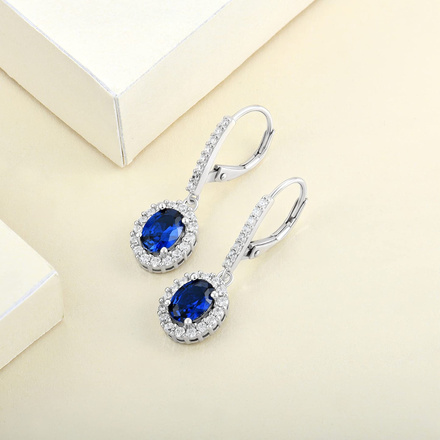 YL Created Blue Sapphire Drop Dangle Earrings for Women, Solid Sterling Silver Oval Cut Halo Gemstone Solitaire Leverback Jewelry Birthday Gifts Mother Her