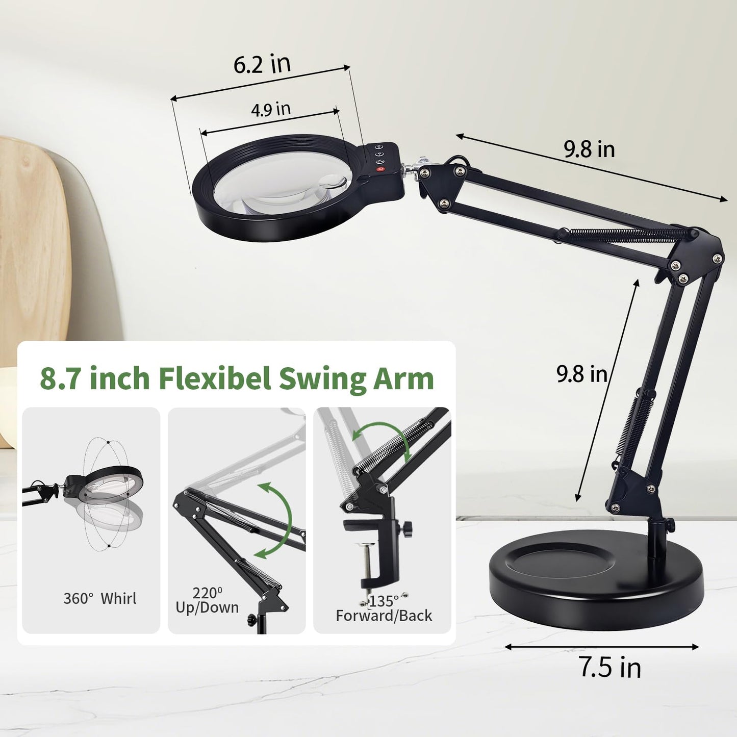 10X/20X Magnifying Glass with Light and Stand, LED Desk Lamp with Base and Clamp, 3 Color Mode, 10 Dimmable Levels Desktop Magnifier, Hands Free for Reading Crafts Jewelry Sewing Close Work