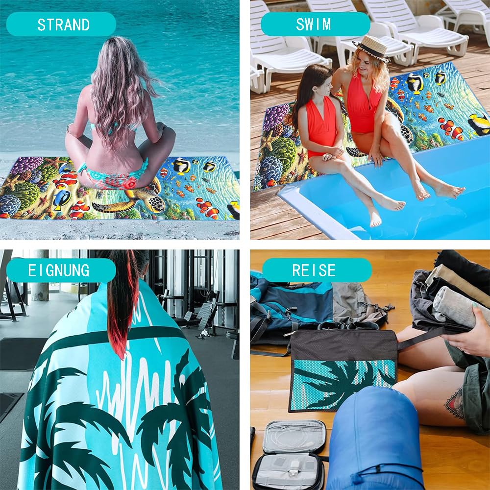 2 Pcs Microfiber Beach Towel Lightweight Sand Free Quick Dry Serviette de Plage Towels for Swimming Pool Camping 71''X32'' Beach Accessories Travel Things for Women Men Vacation Essentials Gift Turtle