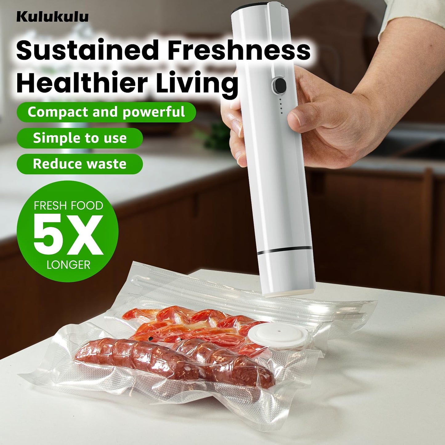 [2025 New Version] Kulukulu Vacuum Sealer Set, Portable Vacuum Sealer Machine for Food Storage and Sous Vide + 30 Reusable Vacuum Seal Bags(15 Medium Size + 15 Big Size)