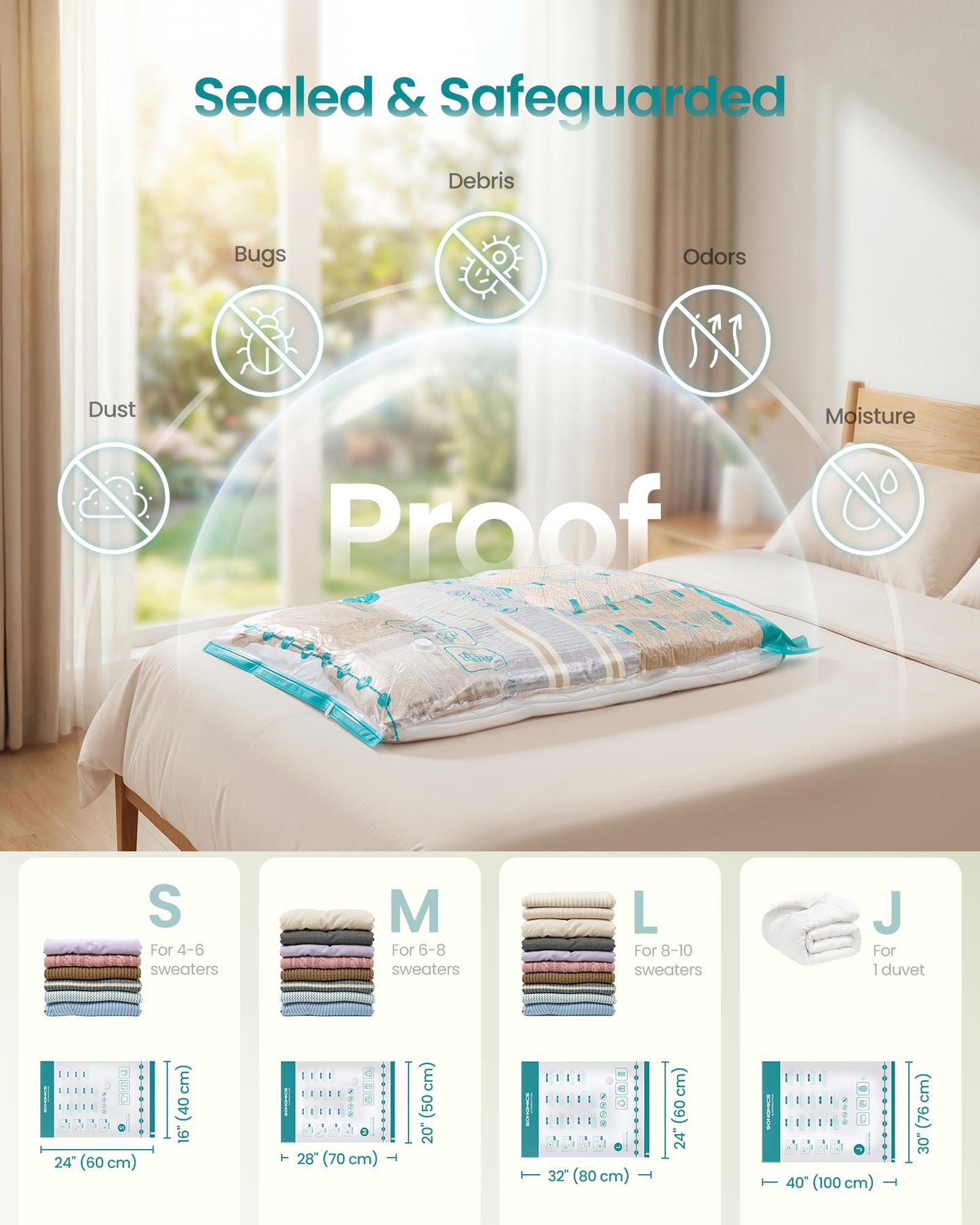 SONGMICS Vacuum Storage Bags, Rechargeable Portable Electric Pump, Space Saver Vacuum Seal Suction Bags for Clothing Travel Bedding Comforters, Reusable, 15 Pack, 3S/4M/4L/4J, Transparent ULVB203W101