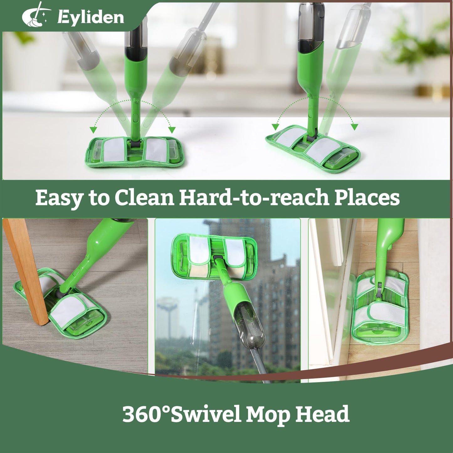 Eyliden Spray Mop for Small Spaces - 360° Swivel Mop with 12 Disposable Cloths, 1 Reusable Pad, 13oz Refillable Bottle | Perfect for Apartments, Dorms & Compact Living