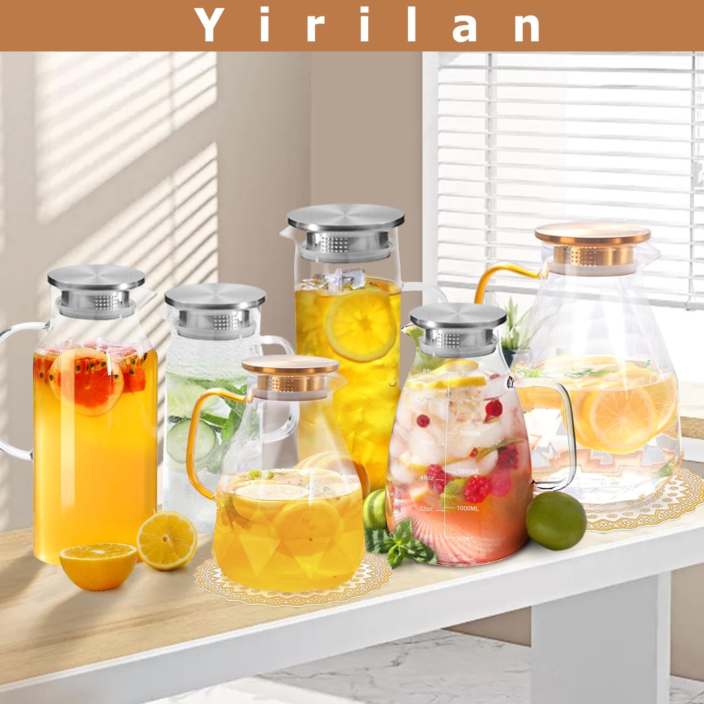 Yirilan Glass Pitcher, 3 Liter Water Pitcher with Lid, Iced Tea Pitcher for Fridge, Glass Water Carafe with Lid, Glass Water Jug, Large Drink Pitcher for Juice, Milk, Cold Or Hot Beverages
