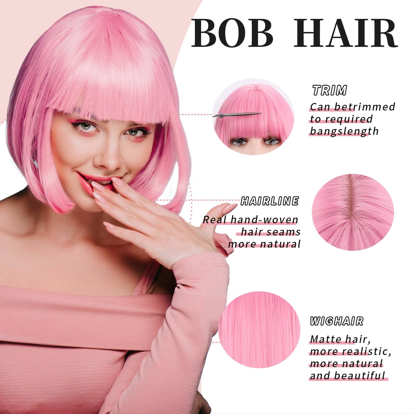 SUKRI Bob Pink Wig with Short Bangs Pink Bob Wig for Women Straight Bob Bangs 12 Inch Heat Resistant Natural Synthetic Hair Daily Use