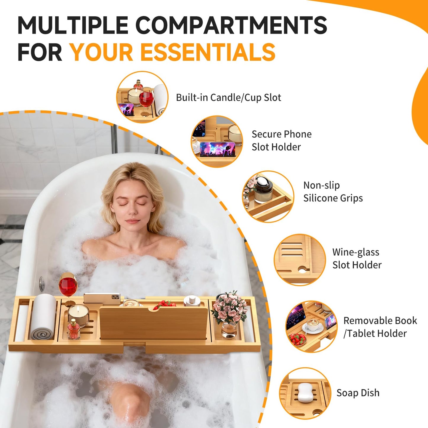 Premium Bamboo Bathtub Caddy Tray with Extending Sides, Adjustable Wood Bath Tray for Luxury Bath, Fits Most Tubs, Accessories Gift Idea Beige