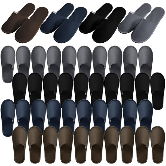 24 Pairs Disposable & Reusable Washable Spa Slippers - Coral Fleece Closed Toe Non-Slip Slippers for Men & Women - Hotel Travel Home (Black, Gray, Brown, Navy Blue)