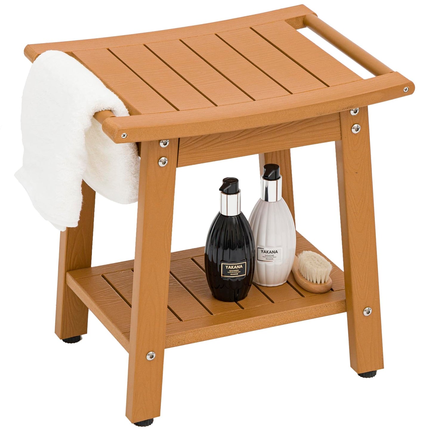 WISHCII Waterproof Shower Chair for Inside Shower, HIPS Shower Bench and Bathroom Seat with Towel Rack and Storage Shelf, Heavy Duty Shower Stool for Adults Sitting Teak