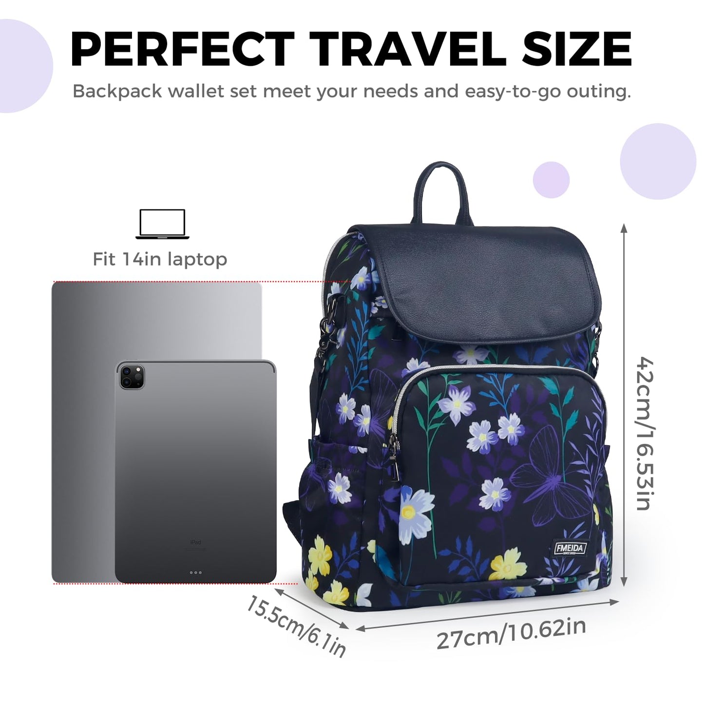 Fmeida Backpack for Women 14" Travel Laptop Backpack with Extra Small Wristlet Wallet Sac a Dos Femme Casual Daypack School