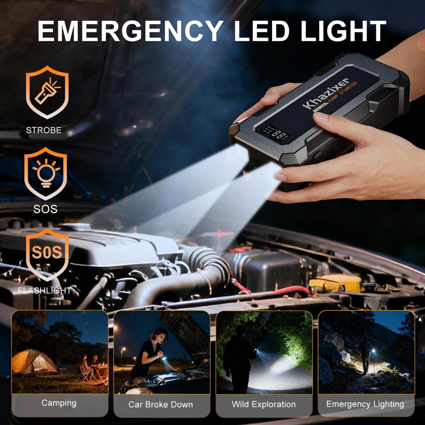 Khazixer X02 3000A Car Jump Starter, Jump Starter Battery Pack for 9.0L Gas and 7.0L Diesel, 12V Portable Jump Box with USB Output, Storage Bag, LED Flashlight