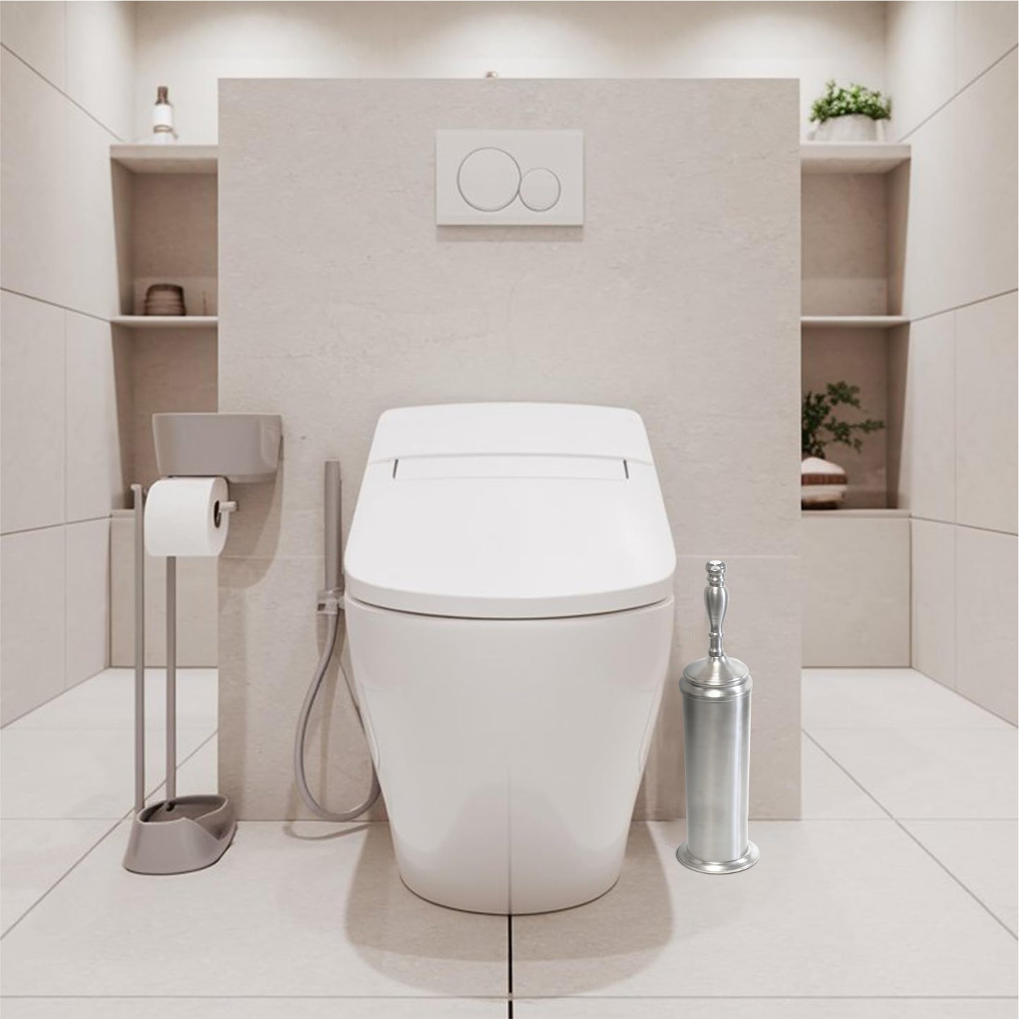 Splash Home Buena Stainless Steel Toilet Brush and Holder Set Bathroom, Hidden Toilet Bowl Brush Design with Durable Bristles for Deep Cleaning 5 x 5 x 15 inch - Chrome