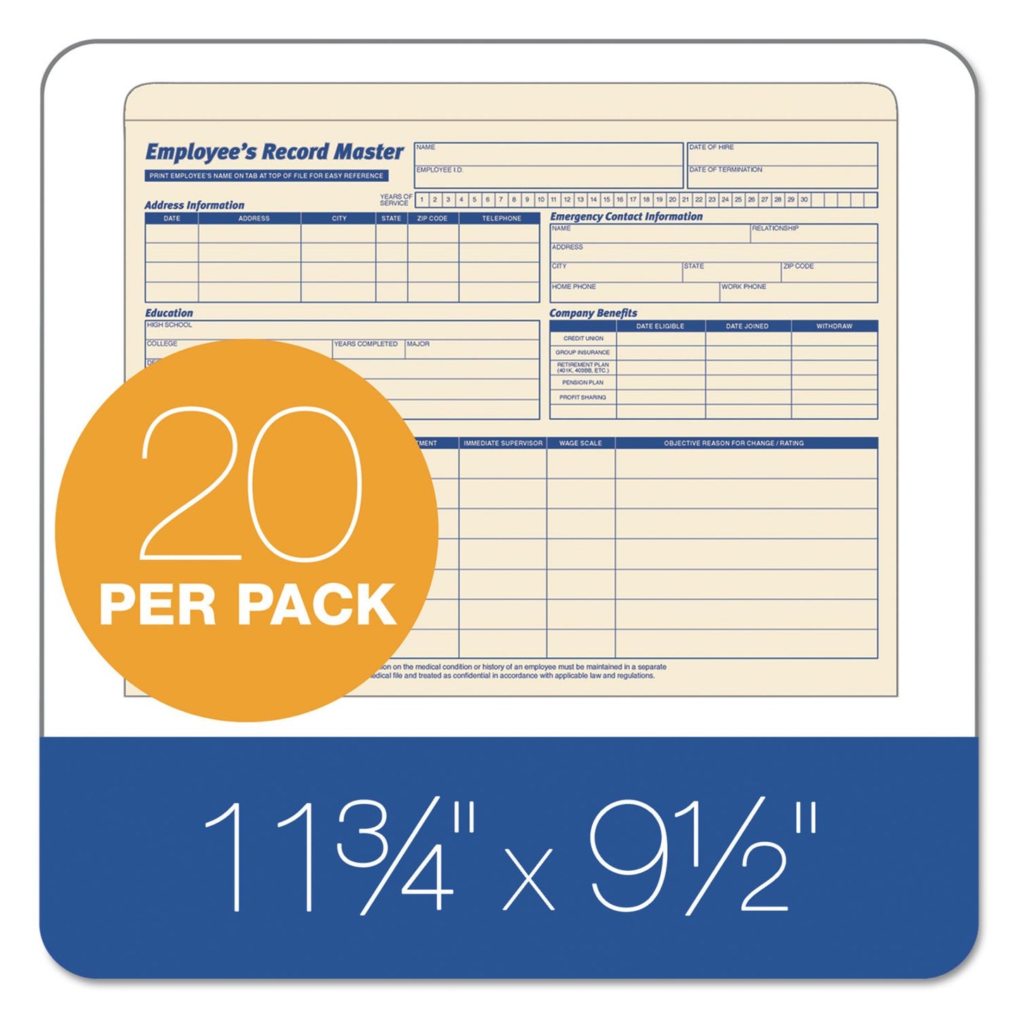 TOPS 3280 TOPS Employee Record Master File Jackets, 9-1/2 x 11-3/4, 10 Pt. Manila, 20/Pk