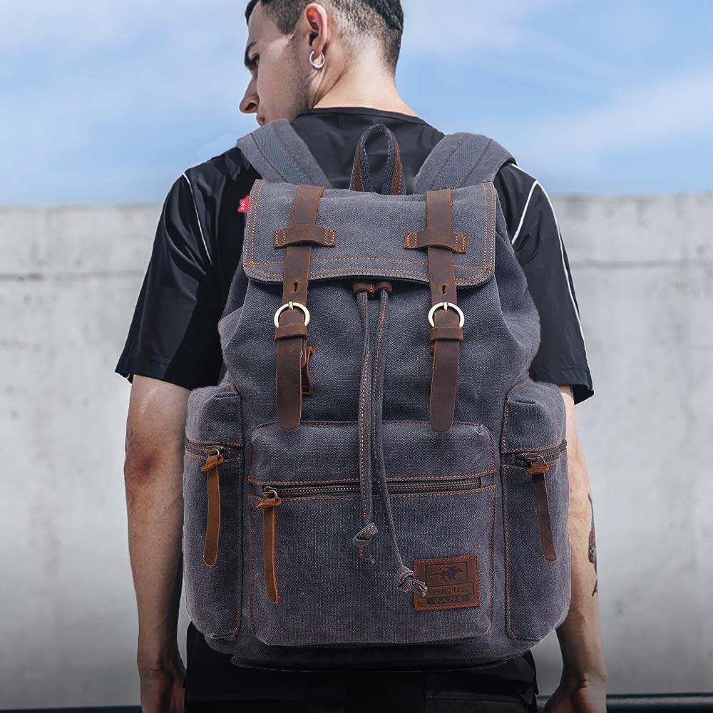AUGUR Canvas Laptop Backpack, 17 inch Laptop Backpack Unisex Vintage Leather Casual School College Bags Bookbag Hiking Travel Rucksack Business Daypack (L-Grey)