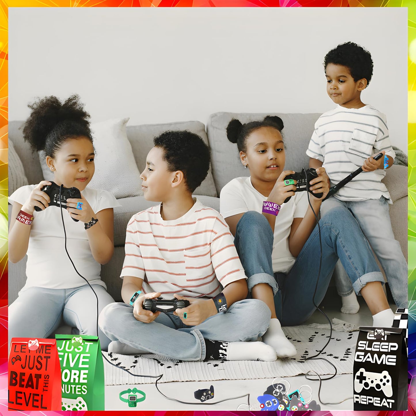 24 sets of Video Game Party Favors, 220 Pcs Gamer party Favors - Gaming Birthday Goodie Bags Included Gift Bags, Game Keychain, Slap Bracelet, Stickers, Ring, Hand Strap for Gaming Kids