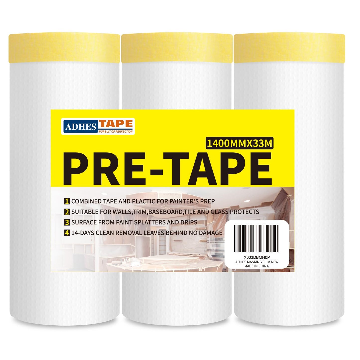 ADHES Pre Taped Masking Film with Adhesive Edge, 55 inch x 108feet x 3 Rolls No Residue Masking Tape for Painting, Automotive, and DIY Projects Tape and Drape for Floor Furniture Protection