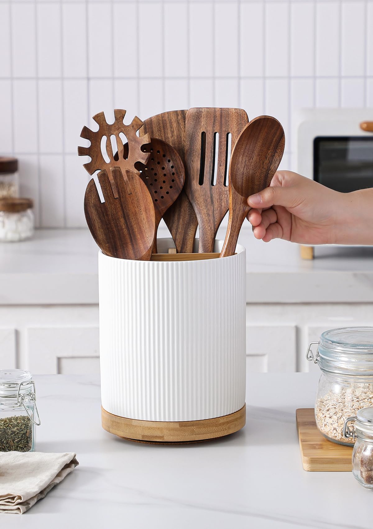 LoeJan 3 Compartment Utensil Holder, 7.2" Extra Large Utensil Crock, Stable Ceramic Utensil Organizer, Cooking Tool Organizer Set for Kitchen Counter Farmhouse Décor