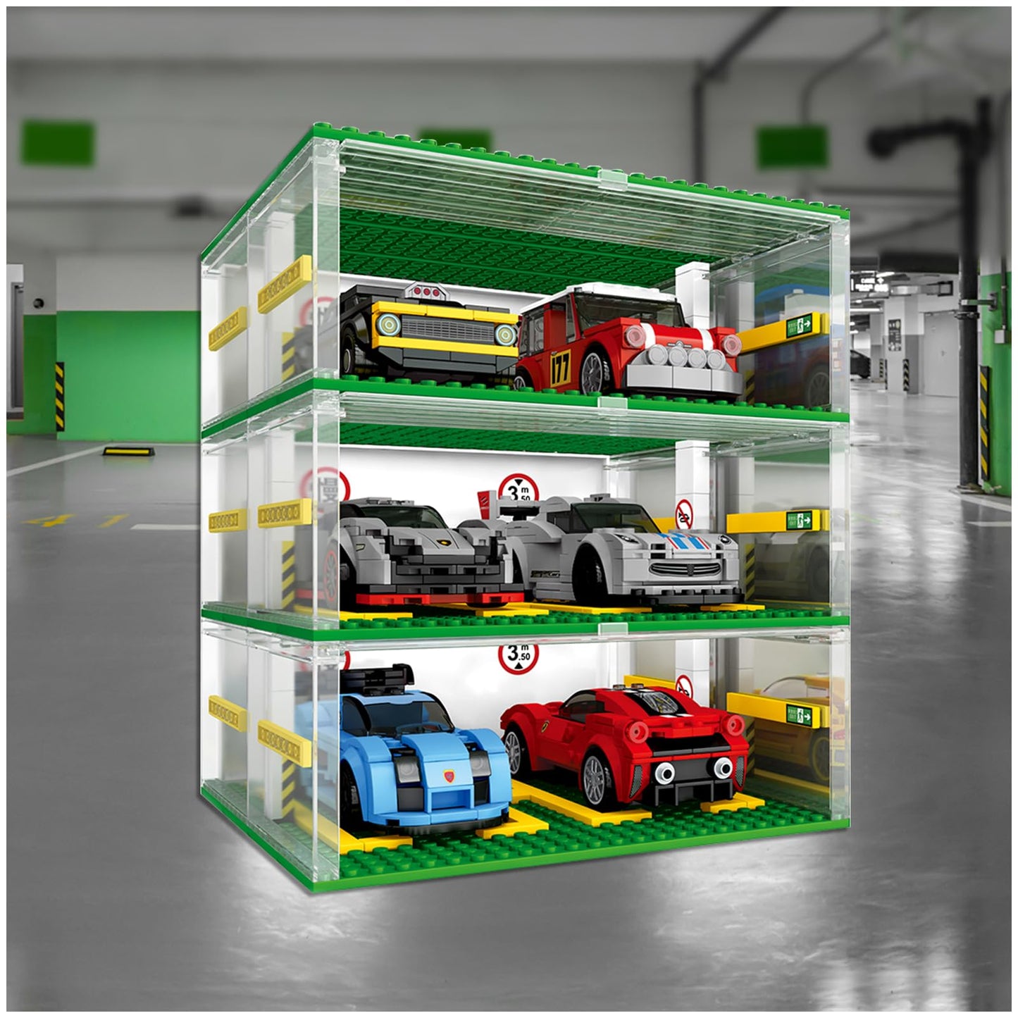 Cabeeskii Parking Garage Compatible Speed Champions Car, DIY 3-Layer Parking Display Case, 130PCS Modular Building Display Case Compatible with Sport Auto(Cars Not Included)