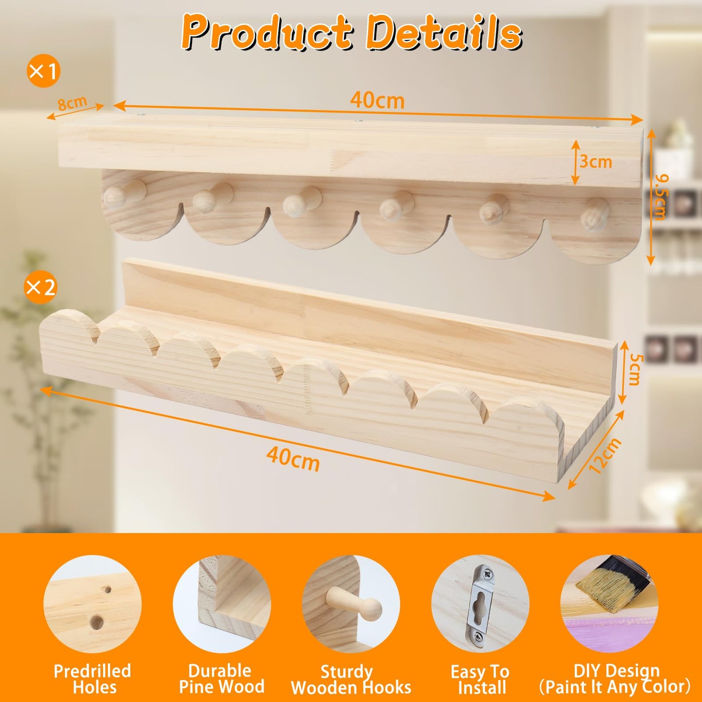 Nursery Book Shelves, 3PCS Wooden Scalloped Shelves with Round Hooks, Floating Shelves Wall Mounted Organizer for Bedroom, Living Room Decor