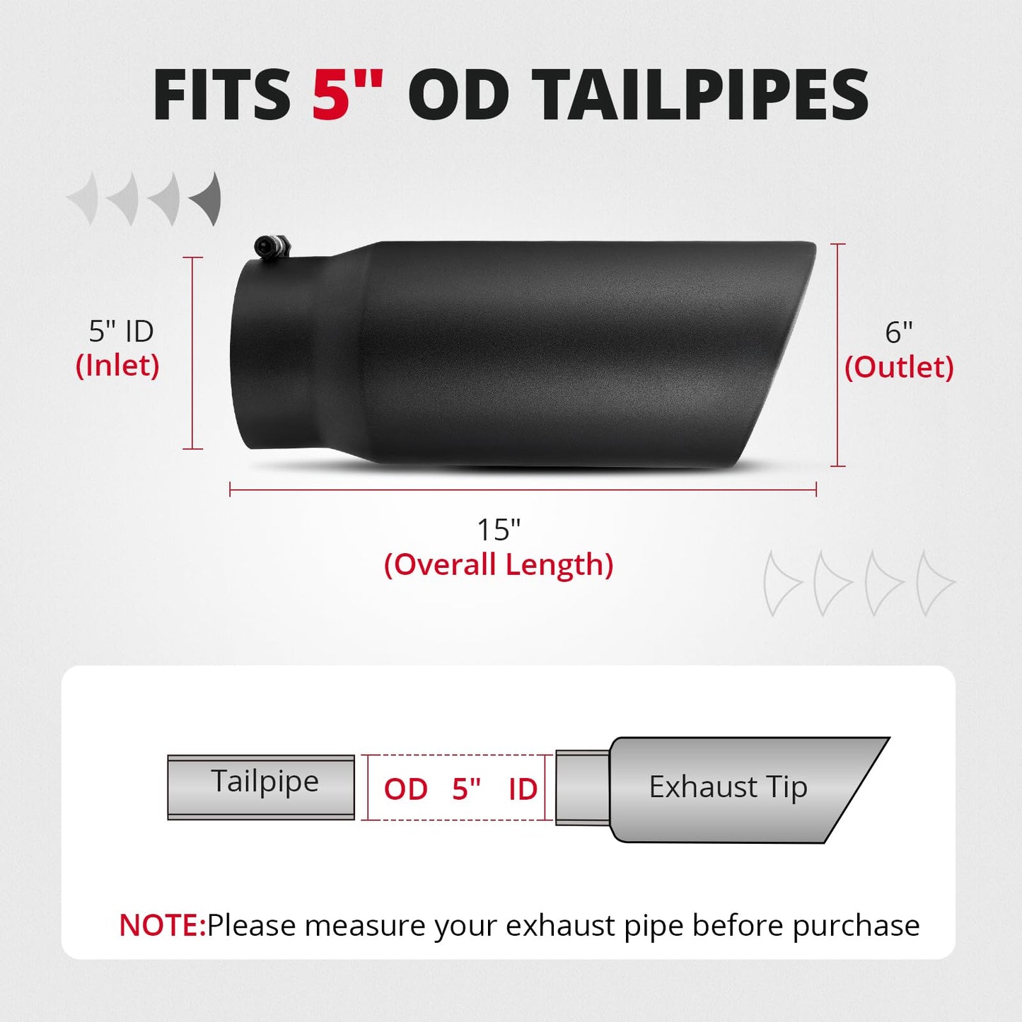 EVIL ENERGY Exhaust Tip 5" Inlet 6" Outlet 15" Length, Universal Bolt-On Black Powder Coated 201 Stainless Steel Tip for Diesel Trucks