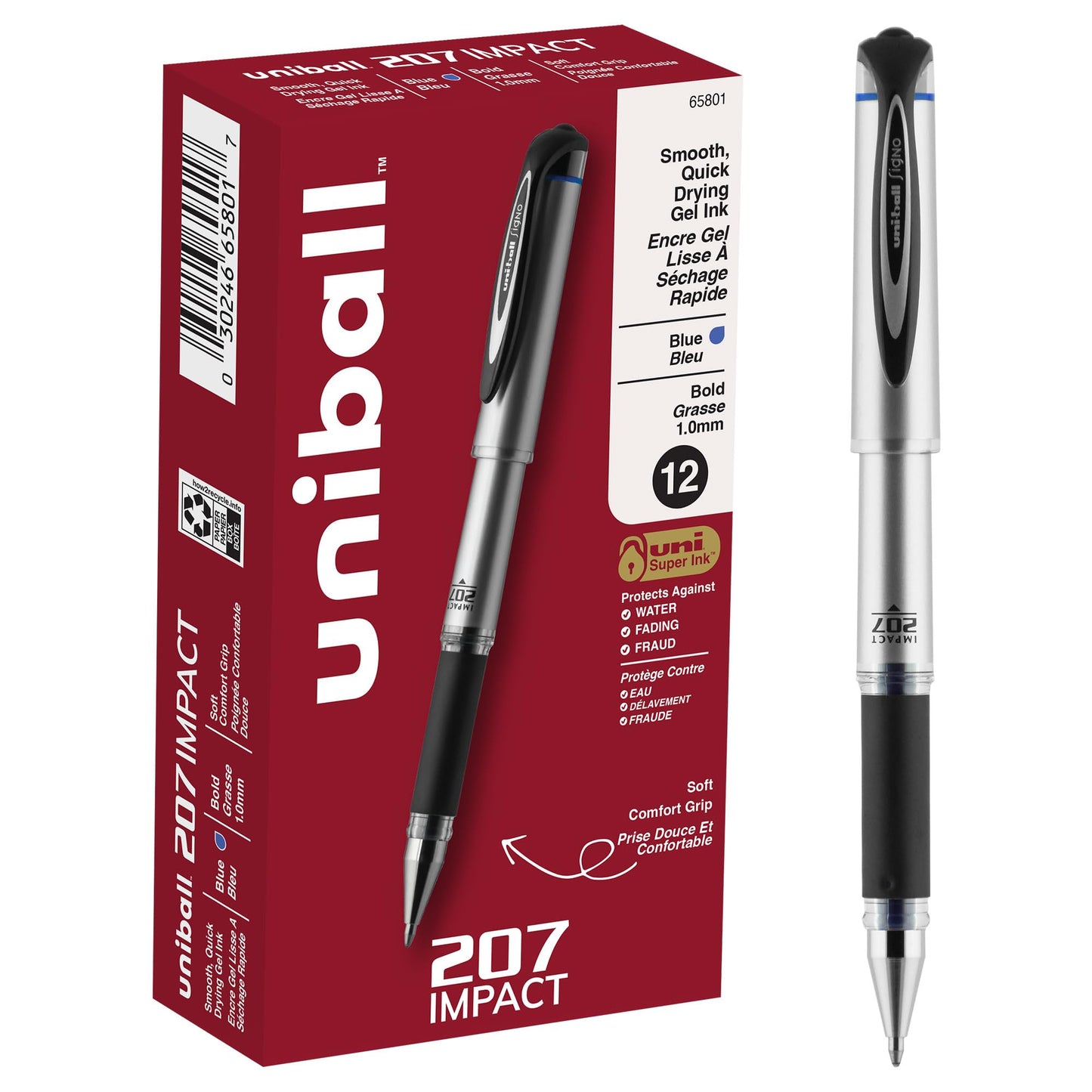 uni-ball Gel Impact Rollerball Gel, Stick Roller Ball Pen Bold-1.0mm, 12 Pack, Blue Ink (65801)